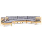 Salon de jardin 7 pcs avec coussins gris bois de pin massif