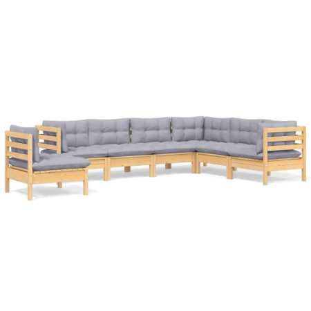 Salon de jardin 7 pcs avec coussins gris bois de pin massif
