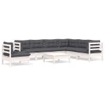 Salon de jardin 8 pcs avec coussins blanc bois de pin massif