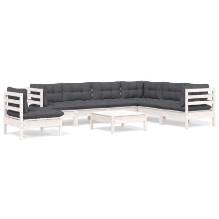 Salon de jardin 8 pcs avec coussins blanc bois de pin massif