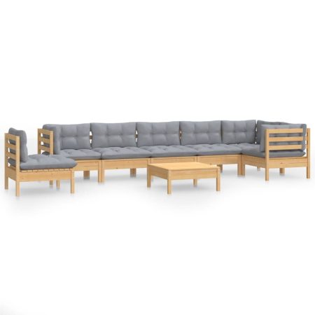 Salon de jardin 9 pcs avec coussins gris bois de pin massif