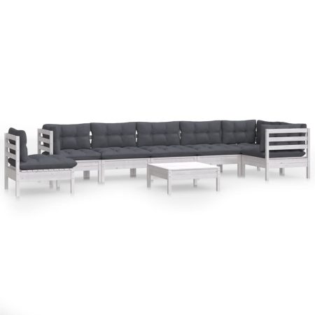 Salon de jardin 9 pcs avec coussins blanc bois de pin massif