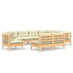 Salon de jardin 9 pcs avec coussins crème bois de pin massif