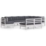 Salon de jardin 9 pcs avec coussins blanc bois de pin massif