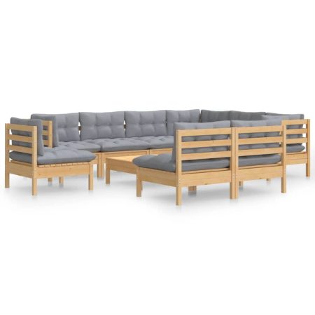 Salon de jardin 10 pcs avec coussins gris bois de pin massif