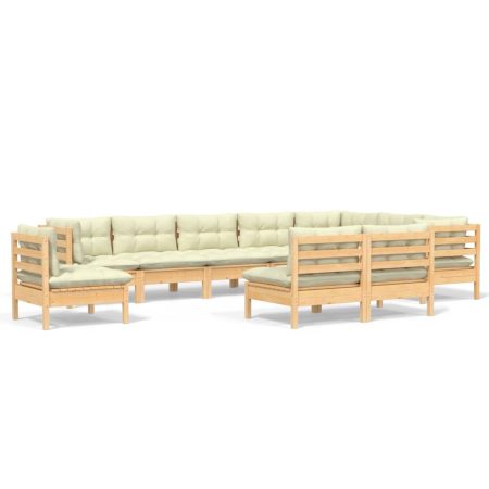 Salon de jardin 10 pcs avec coussins crème bois de pin massif