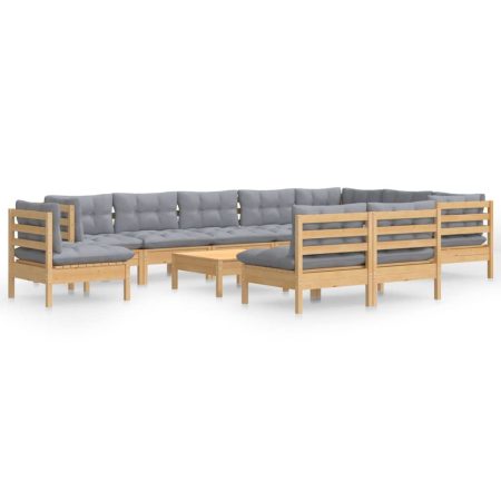 Salon de jardin 11 pcs avec coussins gris Bois de pin solide
