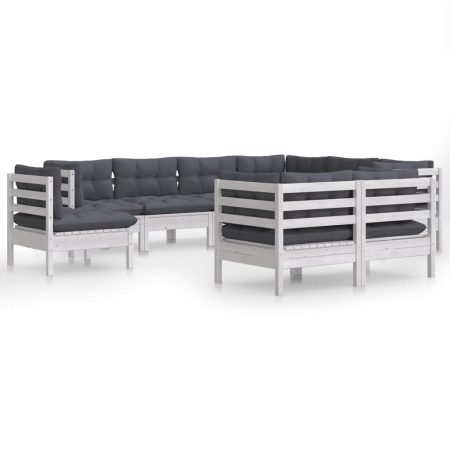 Salon de jardin 9 pcs avec coussins blanc bois de pin massif