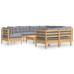 Salon de jardin 10 pcs avec coussins gris bois de pin massif