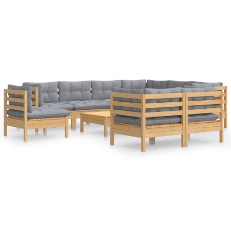 Salon de jardin 10 pcs avec coussins gris bois de pin massif
