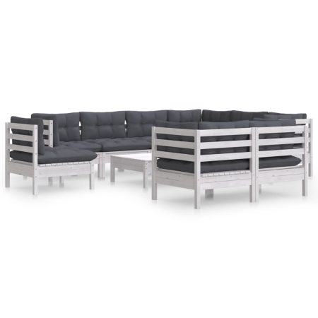 Salon de jardin 10 pcs avec coussins blanc bois de pin massif