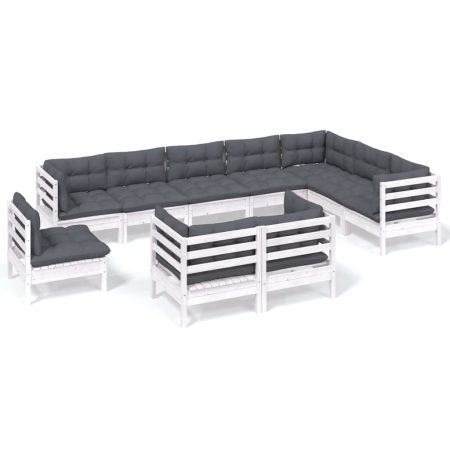 Salon de jardin 10 pcs avec coussins blanc bois de pin massif