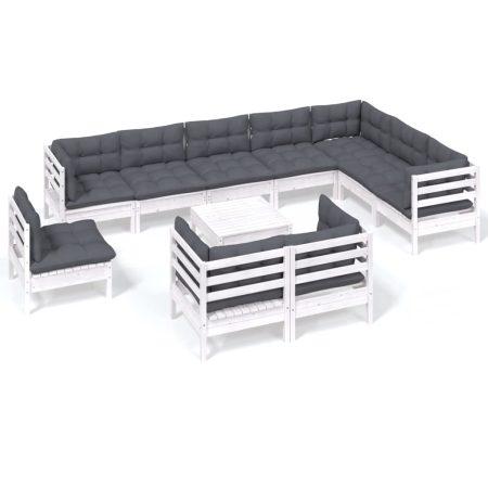Salon de jardin 11 pcs avec coussins blanc bois de pin solide
