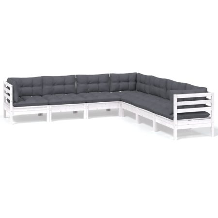 Salon de jardin 7 pcs avec coussins blanc bois de pin massif