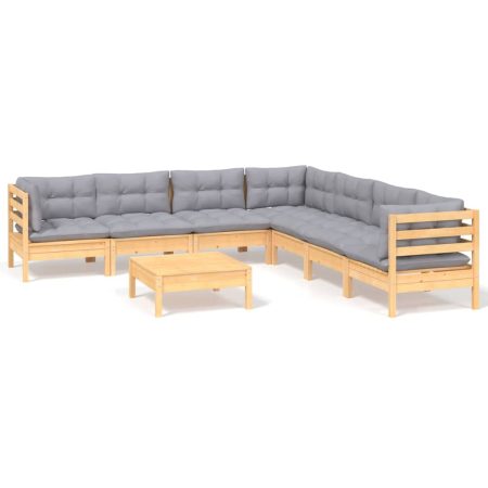 Salon de jardin 8 pcs avec coussins gris Bois de pin massif