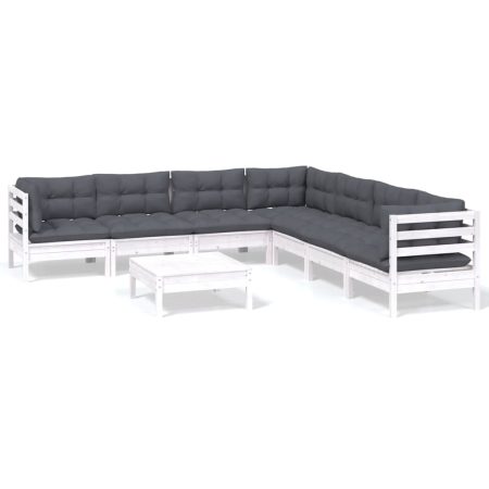 Salon de jardin 8 pcs avec coussins blanc bois de pin massif