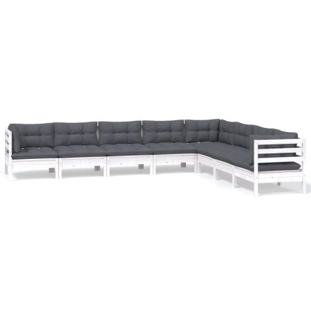 Salon de jardin 8 pcs avec coussins blanc bois de pin massif
