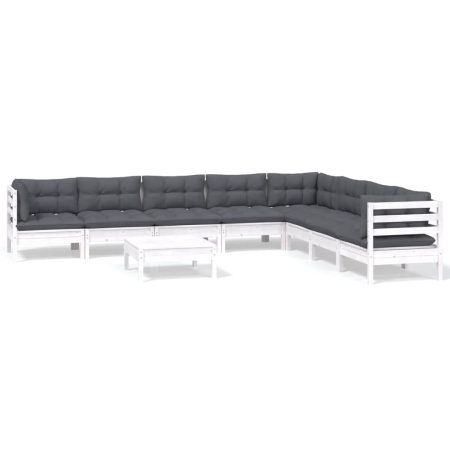 Salon de jardin 9 pcs avec coussins blanc bois de pin massif