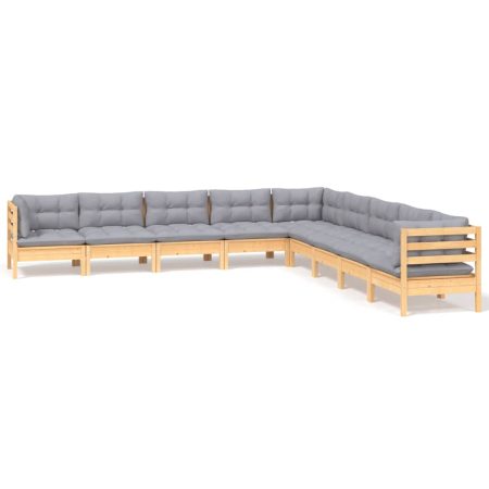 Salon de jardin 9 pcs avec coussins gris bois de pin massif