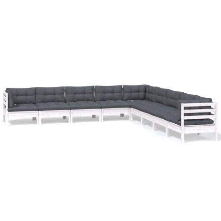 Salon de jardin 9 pcs avec coussins blanc bois de pin massif
