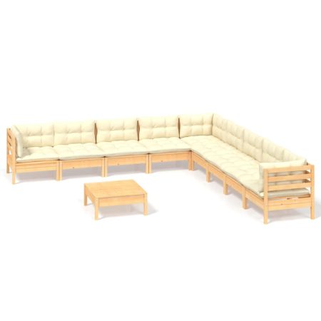 Salon de jardin 10 pcs avec coussins crème bois de pin massif