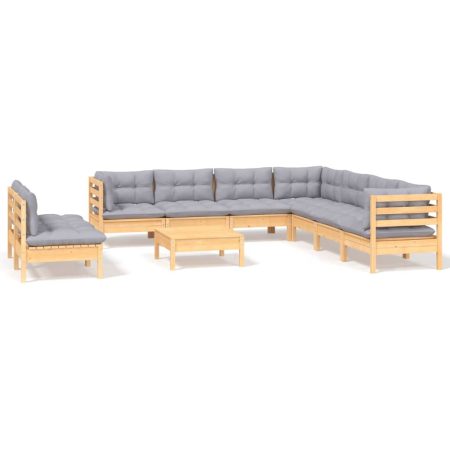 Salon de jardin 10 pcs avec coussins gris bois de pin massif