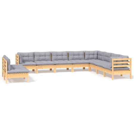Salon de jardin 10 pcs avec coussins gris bois de pin massif