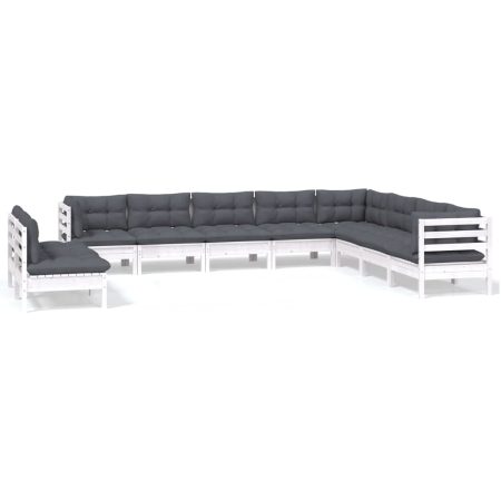 Salon de jardin 10 pcs avec coussins blanc bois de pin massif