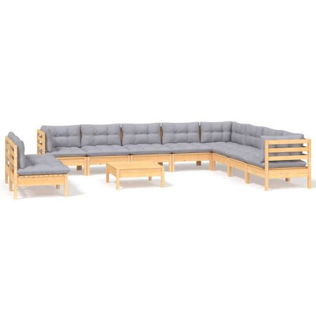Salon de jardin 11 pcs avec coussins gris Bois de pin solide