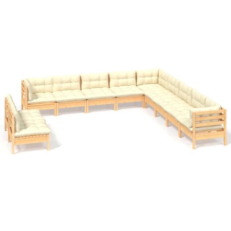 Salon de jardin 11 pcs avec coussins crème Bois de pin solide