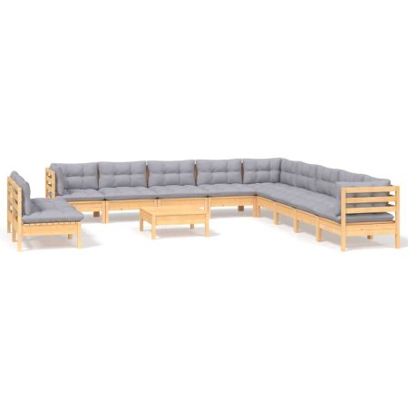 Salon de jardin 12 pcs avec coussins gris Bois de pin massif