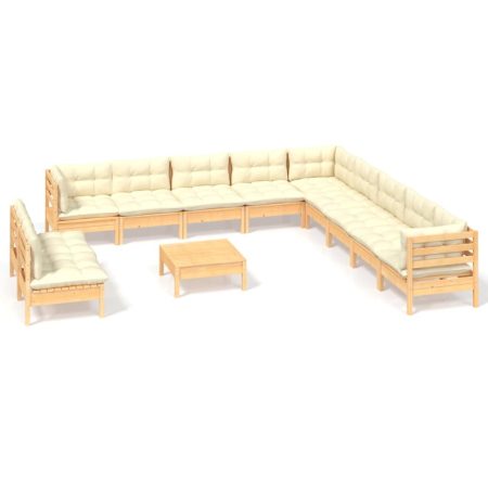 Salon de jardin 12 pcs avec coussins crème Bois de pin massif