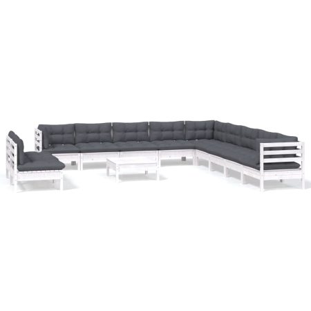 Salon de jardin 12 pcs avec coussins blanc bois de pin solide
