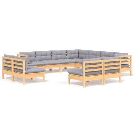 Salon de jardin 11 pcs avec coussins gris Bois de pin solide