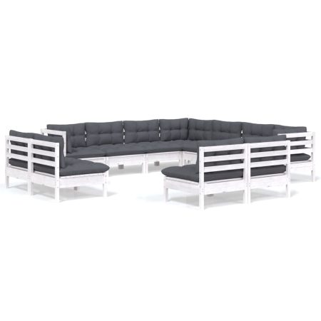 Salon de jardin 11 pcs avec coussins blanc bois de pin solide