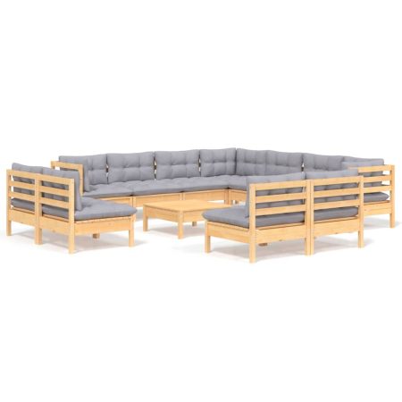 Salon de jardin 12 pcs avec coussins gris Bois de pin massif