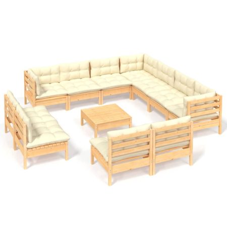 Salon de jardin 12 pcs avec coussins crème Bois de pin massif