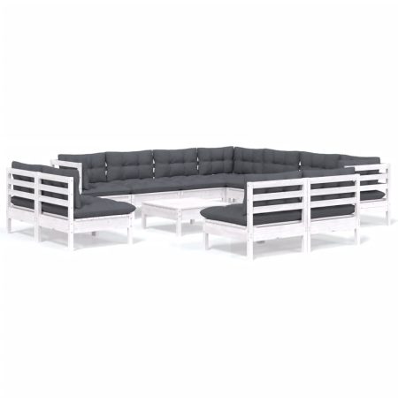 Salon de jardin 12 pcs avec coussins blanc bois de pin solide