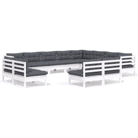 Salon de jardin 12 pcs avec coussins blanc bois de pin solide