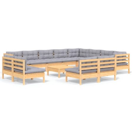 Salon de jardin 13 pcs avec coussins gris Bois de pin solide