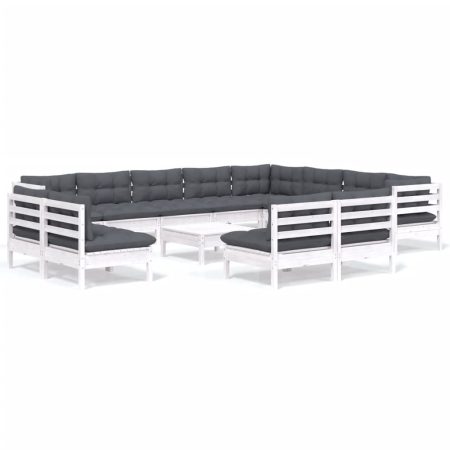 Salon de jardin 13 pcs avec coussins blanc bois de pin solide
