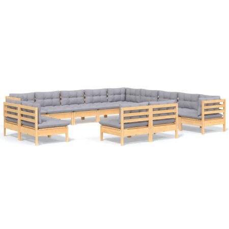 Salon de jardin 13 pcs avec coussins gris bois de pin massif