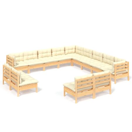 Salon de jardin 13 pcs avec coussins crème Bois de pin massif