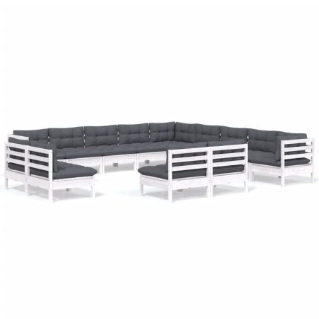 Salon de jardin 13 pcs avec coussins blanc bois de pin solide