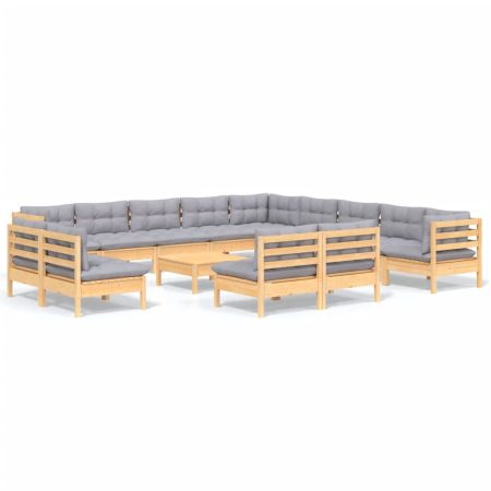 Salon de jardin 14 pcs avec coussins gris Bois de pin solide