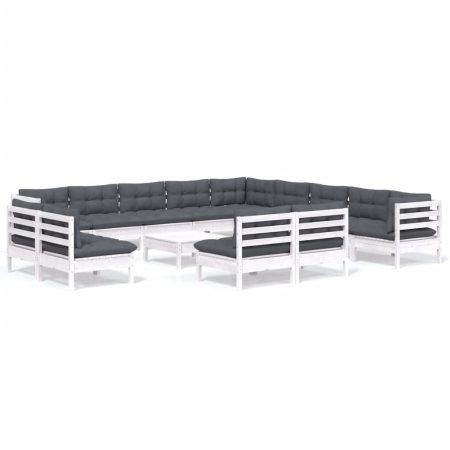 Salon de jardin 14 pcs avec coussins blanc bois de pin solide