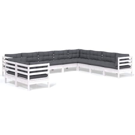 Salon de jardin 10 pcs avec coussins blanc bois de pin massif