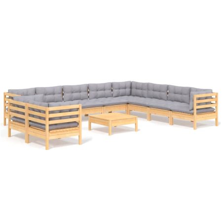 Salon de jardin 11 pcs avec coussins gris Bois de pin solide