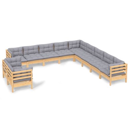 Salon de jardin 11 pcs avec coussins gris Bois de pin solide