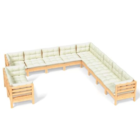 Salon de jardin 11 pcs avec coussins crème Bois de pin solide